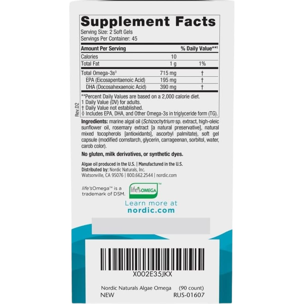 Etiqueta de suplemento de Nordic Naturals Algae Omega, presentación de 90 cápsulas blandas