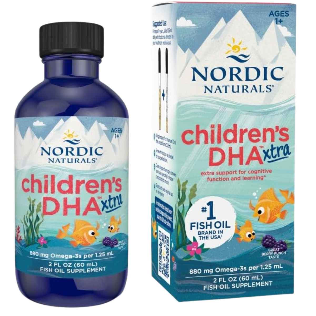 Frasco de suplemento Nordic Naturals Children's DHA Xtra Berry Punch 60 mL