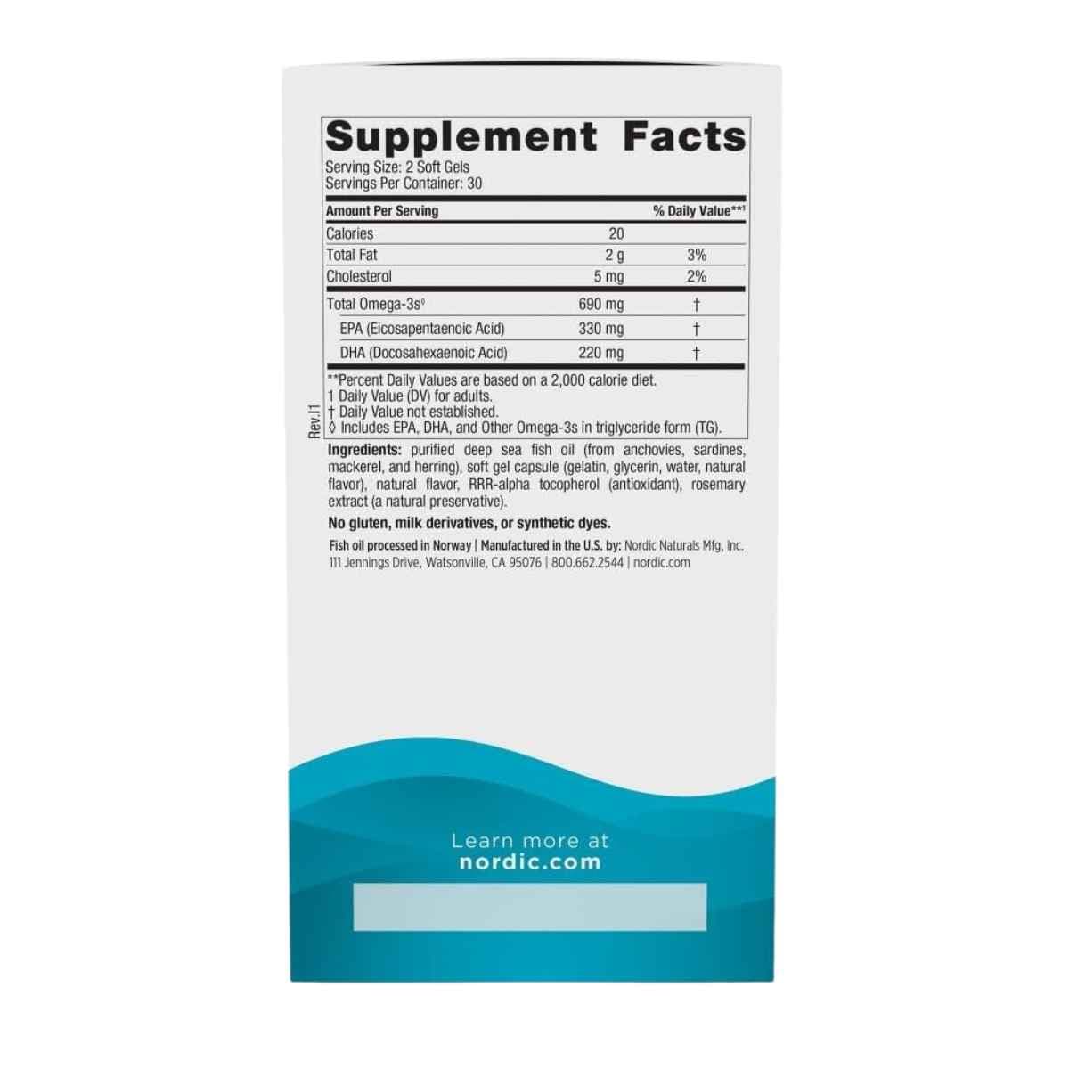 Tabla nutricional del suplemento Nordic Naturals Omega-3 60 cápsulas blandas