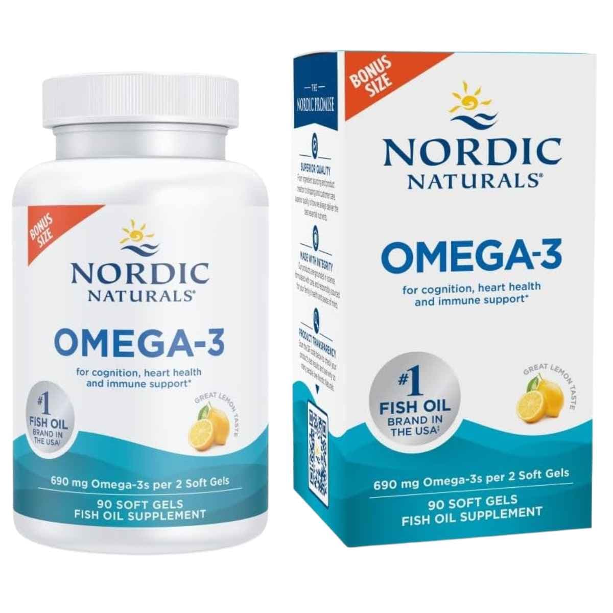 Frasco de suplemento Nordic Naturals Omega-3 sabor limón 90 cápsulas blandas