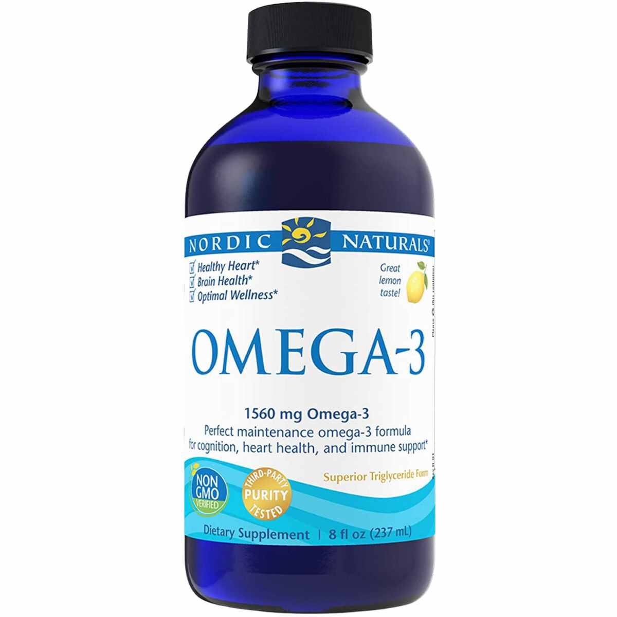 Botella frontal de Nordic Naturals Omega-3 aceite de pescado líquido sabor limón de 237 ml.