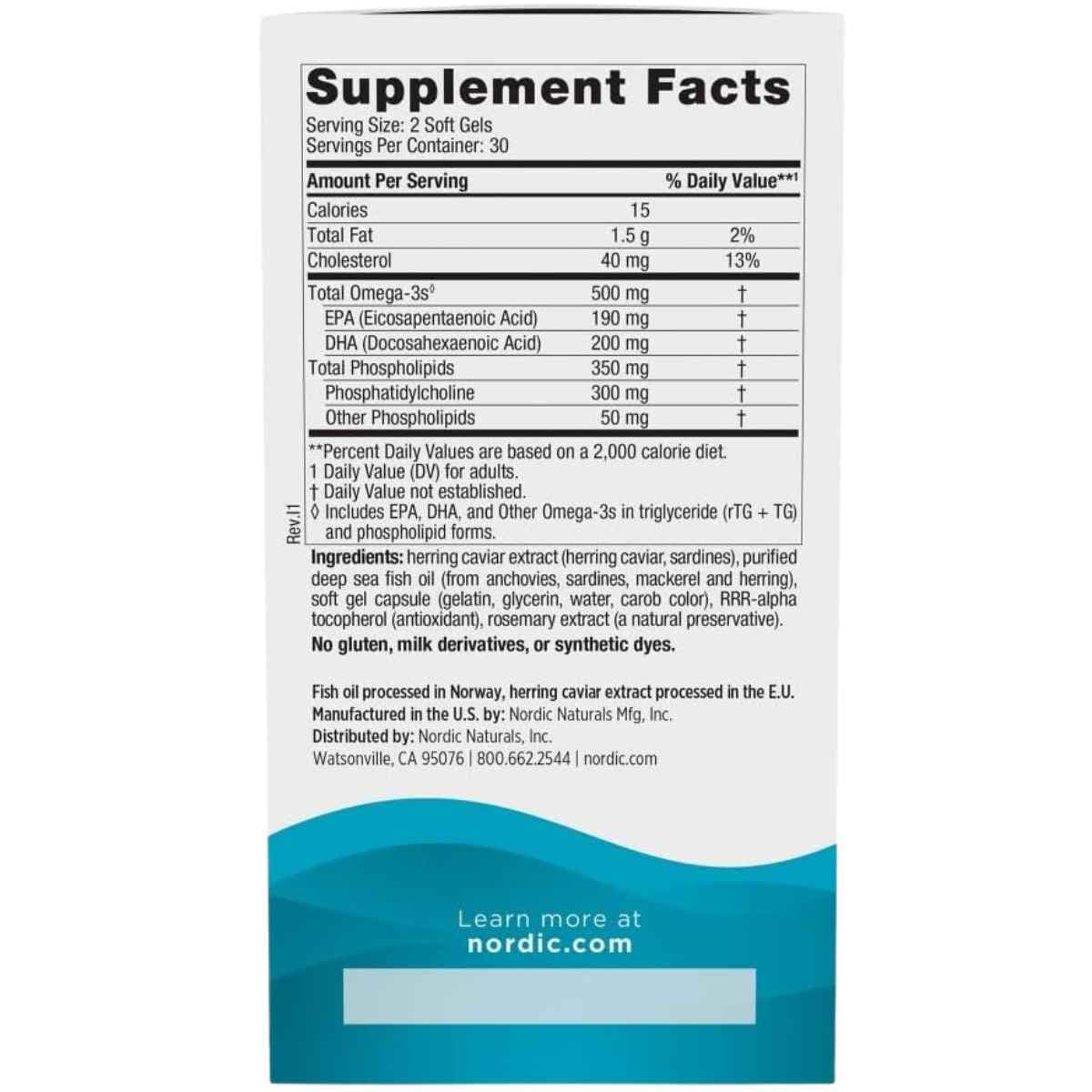 Información del suplemento de Nordic Naturals Omega-3 Phospholipids, presentación de 60 cápsulas blandas