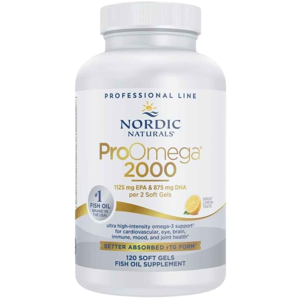 Frasco frontal de Nordic Naturals ProOmega 2000, presentación de 120 cápsulas blandas