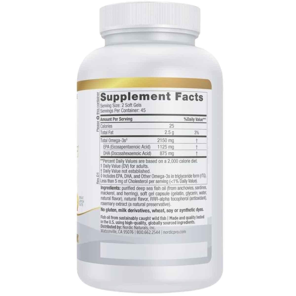 Información del suplemento de Nordic Naturals ProOmega 2000, presentación de 120 cápsulas blandas