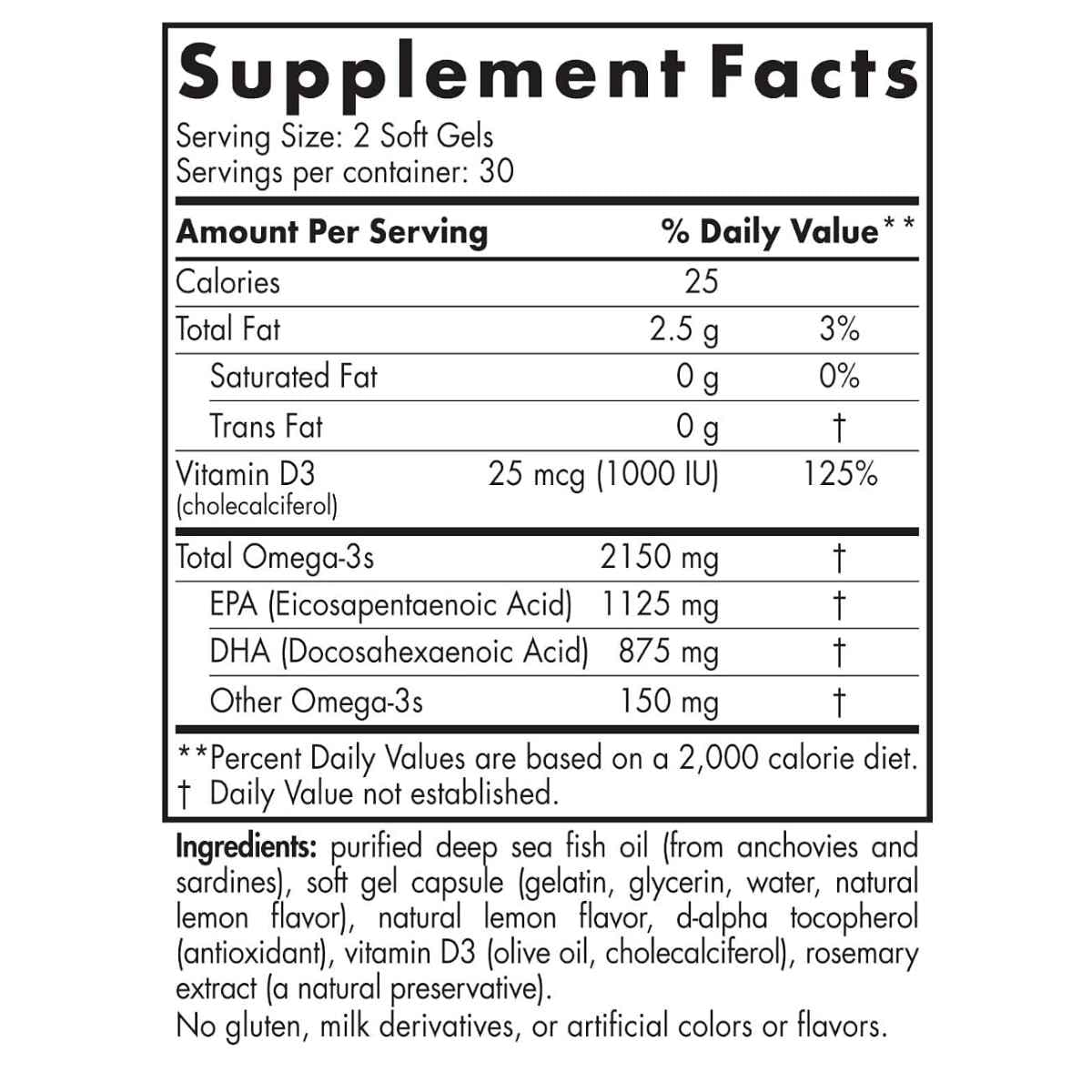 Información del suplemento de Nordic Naturals ProOmega 2000-D con vitamina D3, omega 3, EPA y DHA, presentación de 60 cápsulas blandas