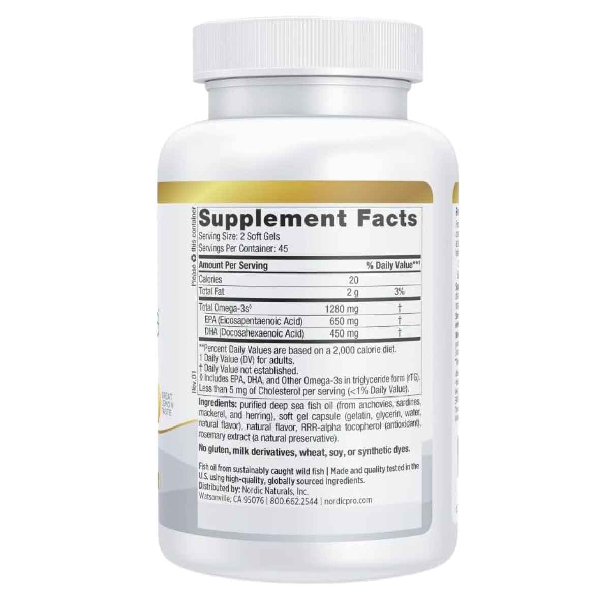 Etiqueta de Nordic Naturals ProOmega de 90 cápsulas blandas con información de Omega 3, EPA y DHA