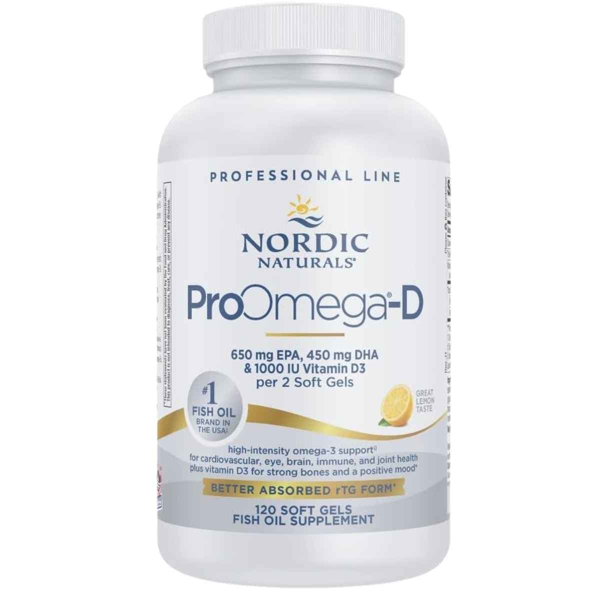 Frasco frontal de Nordic Naturals ProOmega-D, presentación de 120 cápsulas blandas