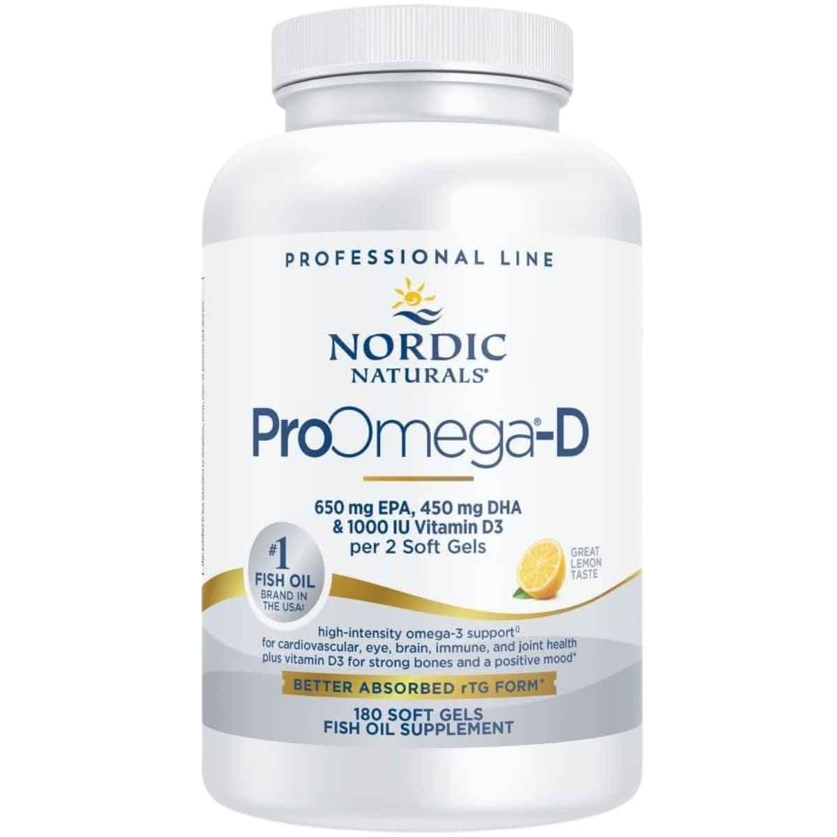 Frasco frontal de Nordic Naturals ProOmega-D, presentación de 180 cápsulas blandas