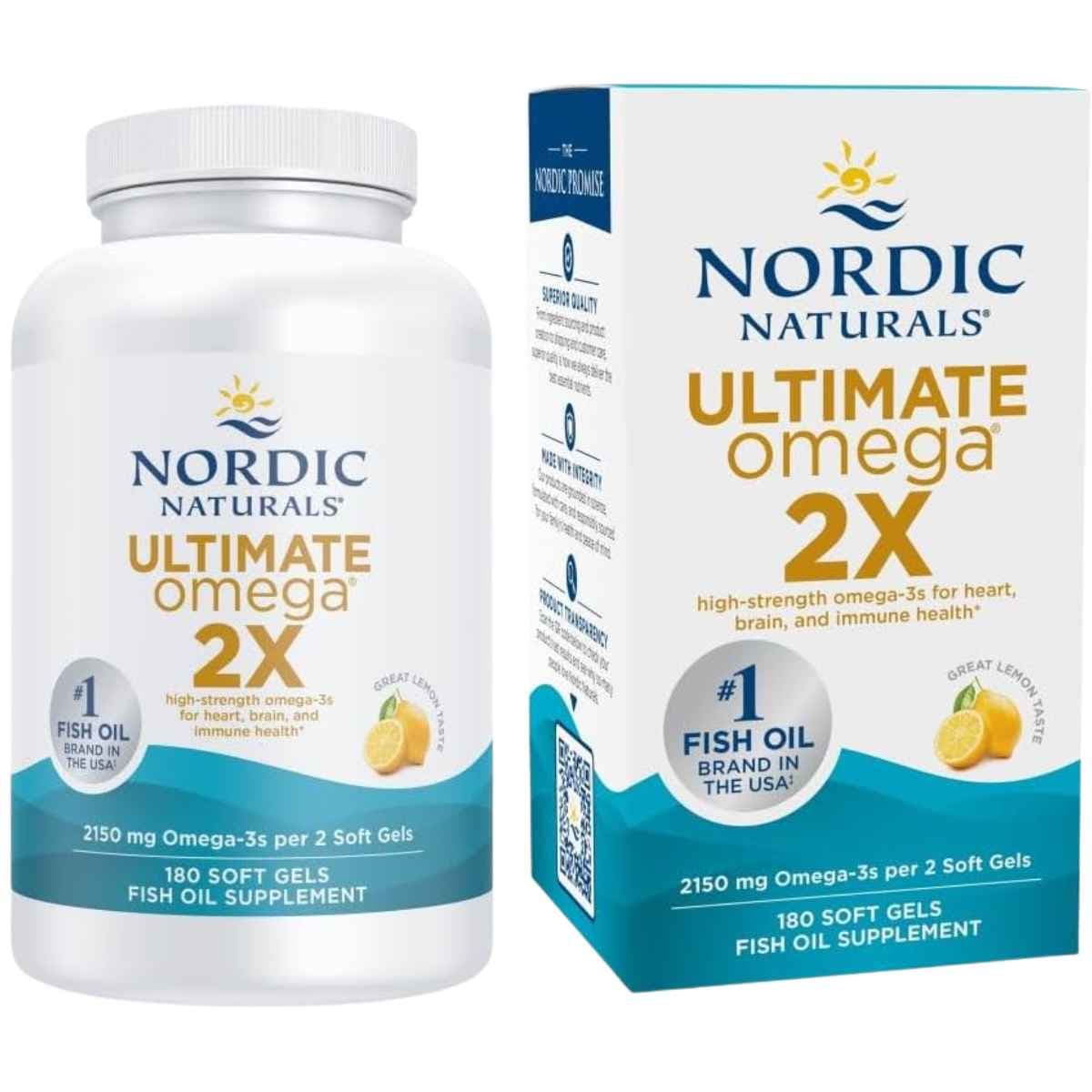 Frasco de suplemento Nordic Naturals Ultimate Omega 2X sabor limón 180 cápsulas blandas
