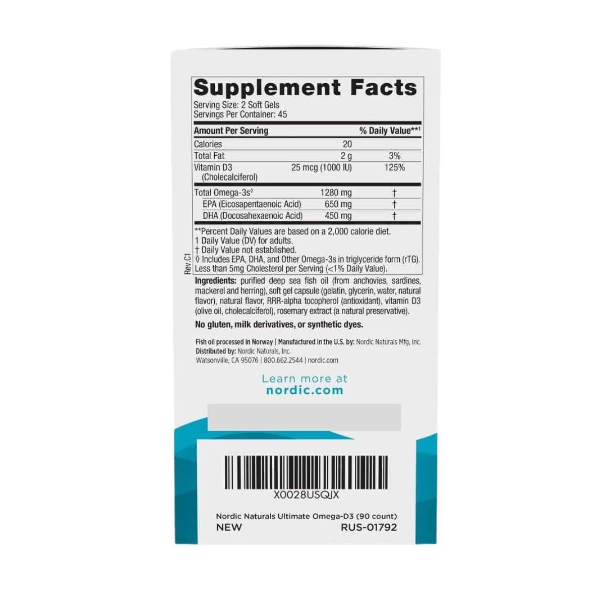 Tabla nutricional del suplemento Nordic Naturals Ultimate Omega-D3 90 cápsulas blandas