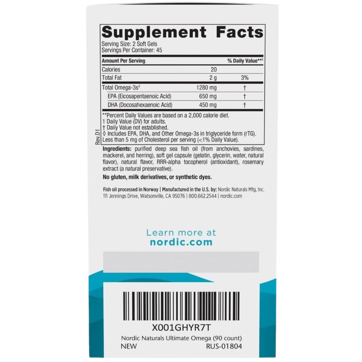 Tabla nutricional del suplemento Nordic Naturals Ultimate Omega Limón 90 cápsulas blandas