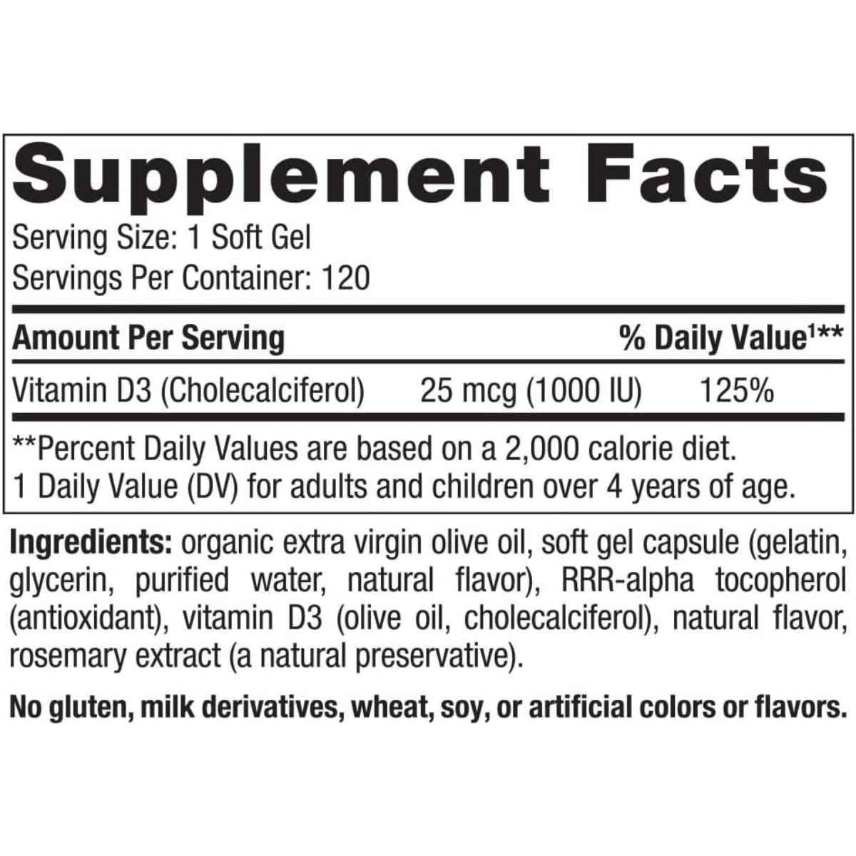 Tabla nutricional del suplemento Nordic Naturals Vitamina D3 1000 UI Naranja 120 Mini Cápsulas Blandas