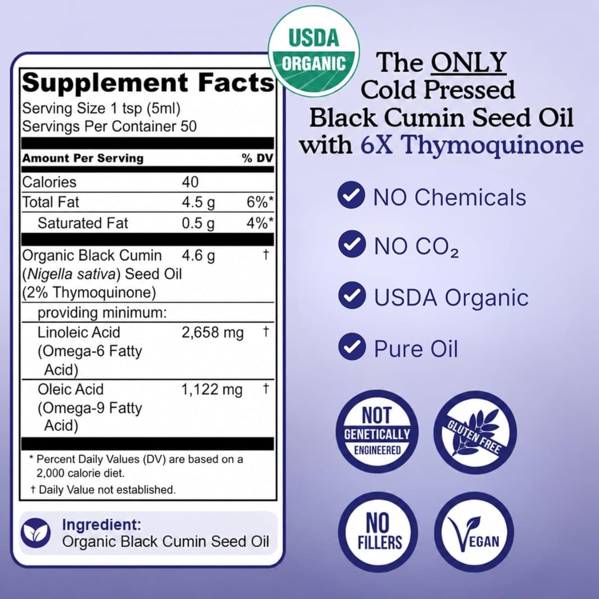 Información del suplemento Nourishing Nutrients aceite de semilla de comino negro con 2% de timoquinona
