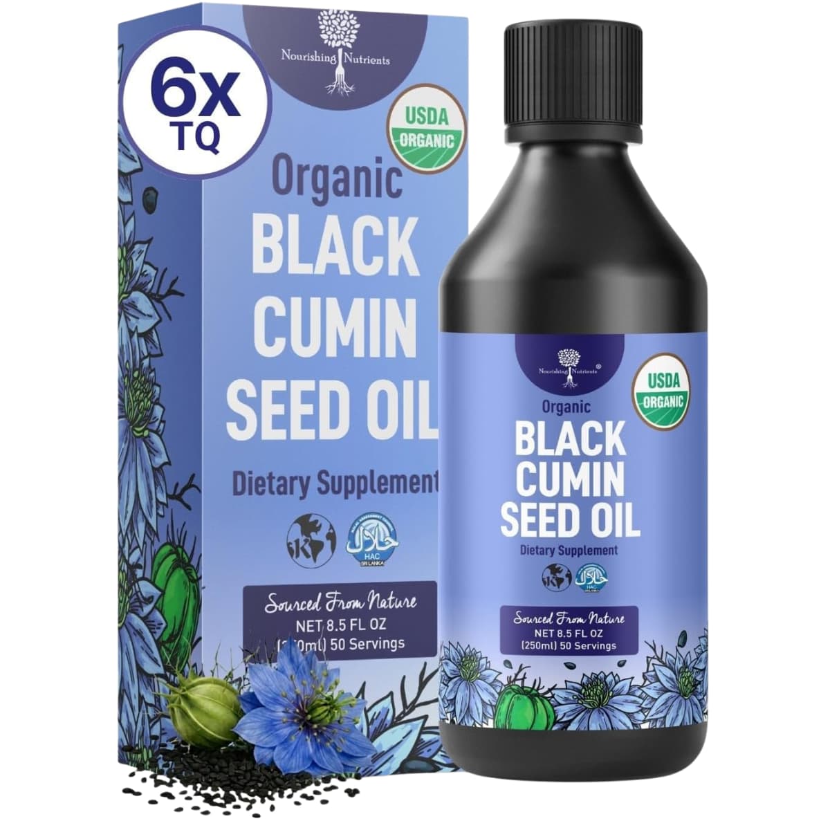 Botella y caja de Nourishing Nutrients aceite orgánico de semilla de comino negro de 250 ml