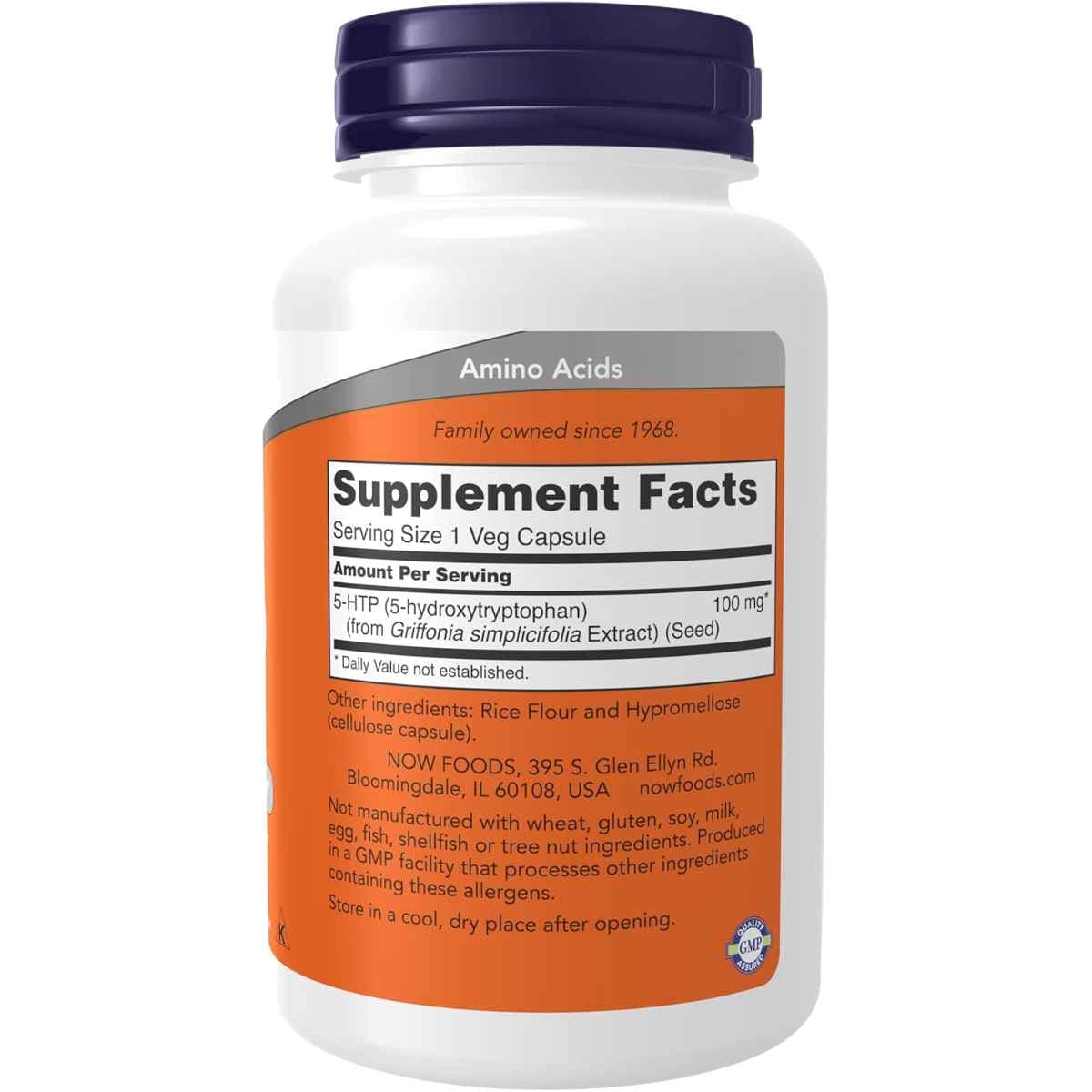 Tabla nutricional del suplemento NOW Foods 5-HTP 100 mg 120 cápsulas