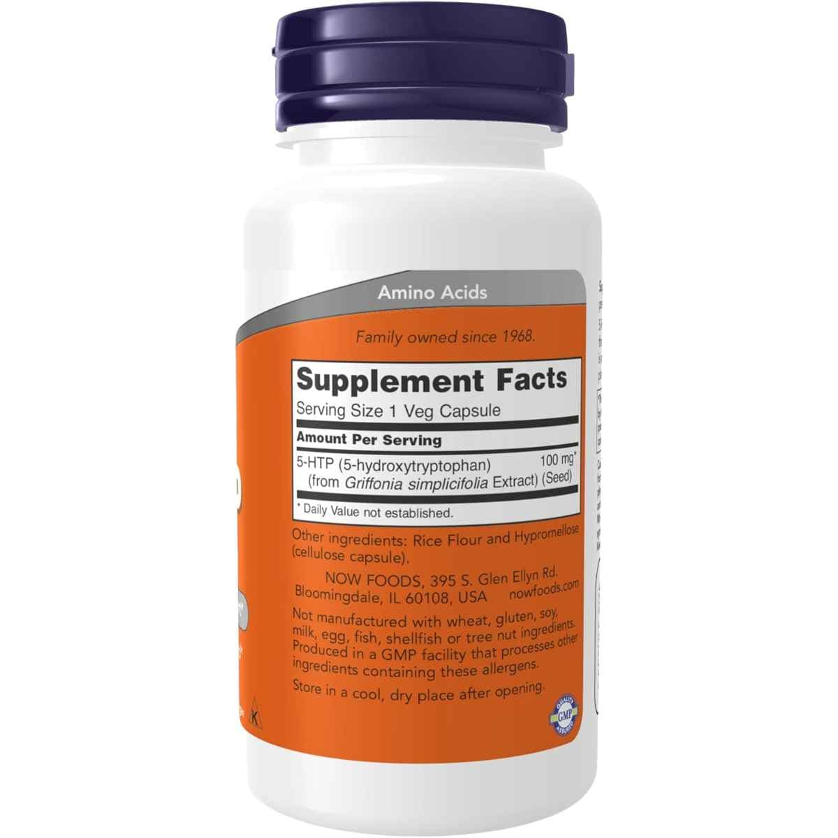 Tabla nutricional del suplemento NOW Foods 5-HTP 100 mg 60 cápsulas