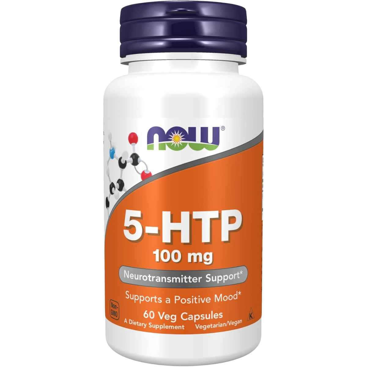 Frasco de suplemento NOW Foods 5-HTP 100 mg 60 cápsulas
