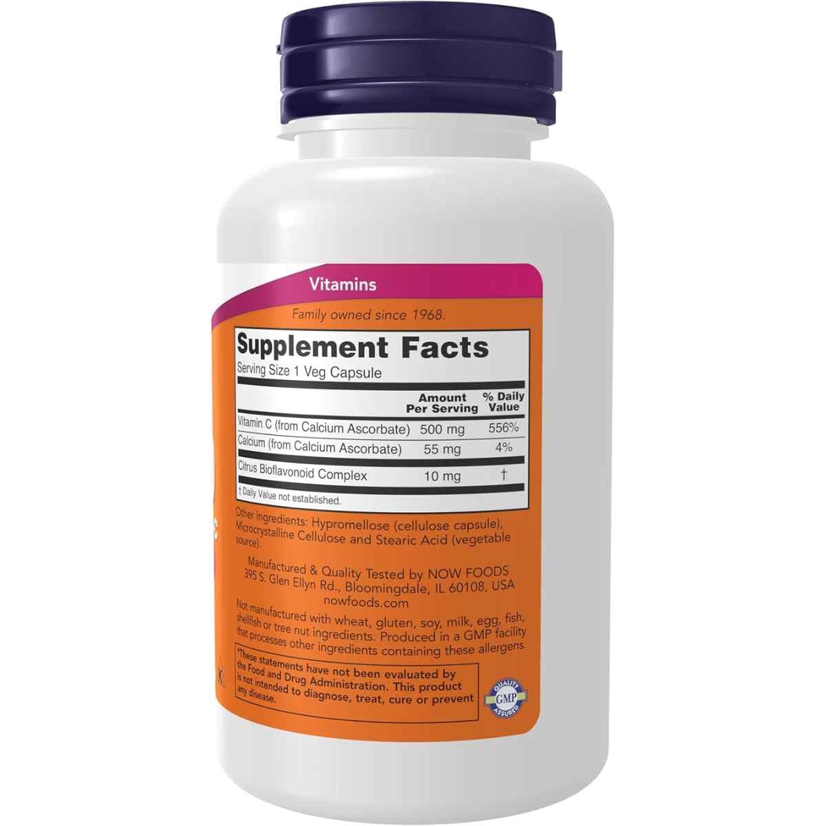 Tabla nutricional del suplemento NOW Foods Ascorbato de Calcio 500 100 cápsulas