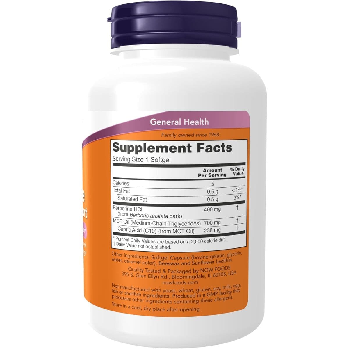 Tabla nutricional del suplemento NOW Foods Berberina HCl 400 mg 90 cápsulas blandas