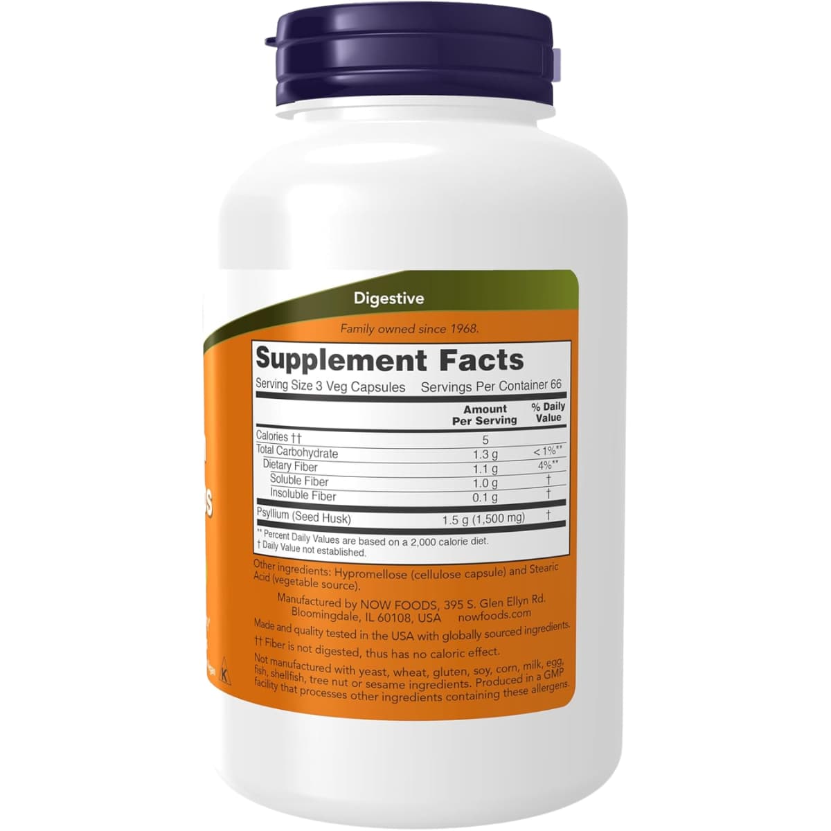 Tabla nutricional del suplemento Now Foods Cáscara de Psyllium 500 mg 200 cápsulas