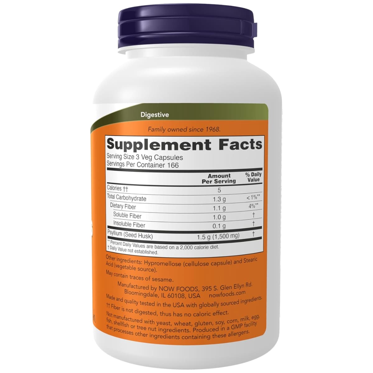 Tabla nutricional del suplemento Now Foods Cáscara de Psyllium 500 mg 500 cápsulas