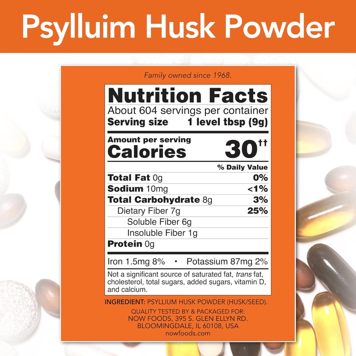 Tabla nutricional del suplemento NOW Foods Cáscara de Psyllium en Polvo 6 g 12 Libras con 604 porciones