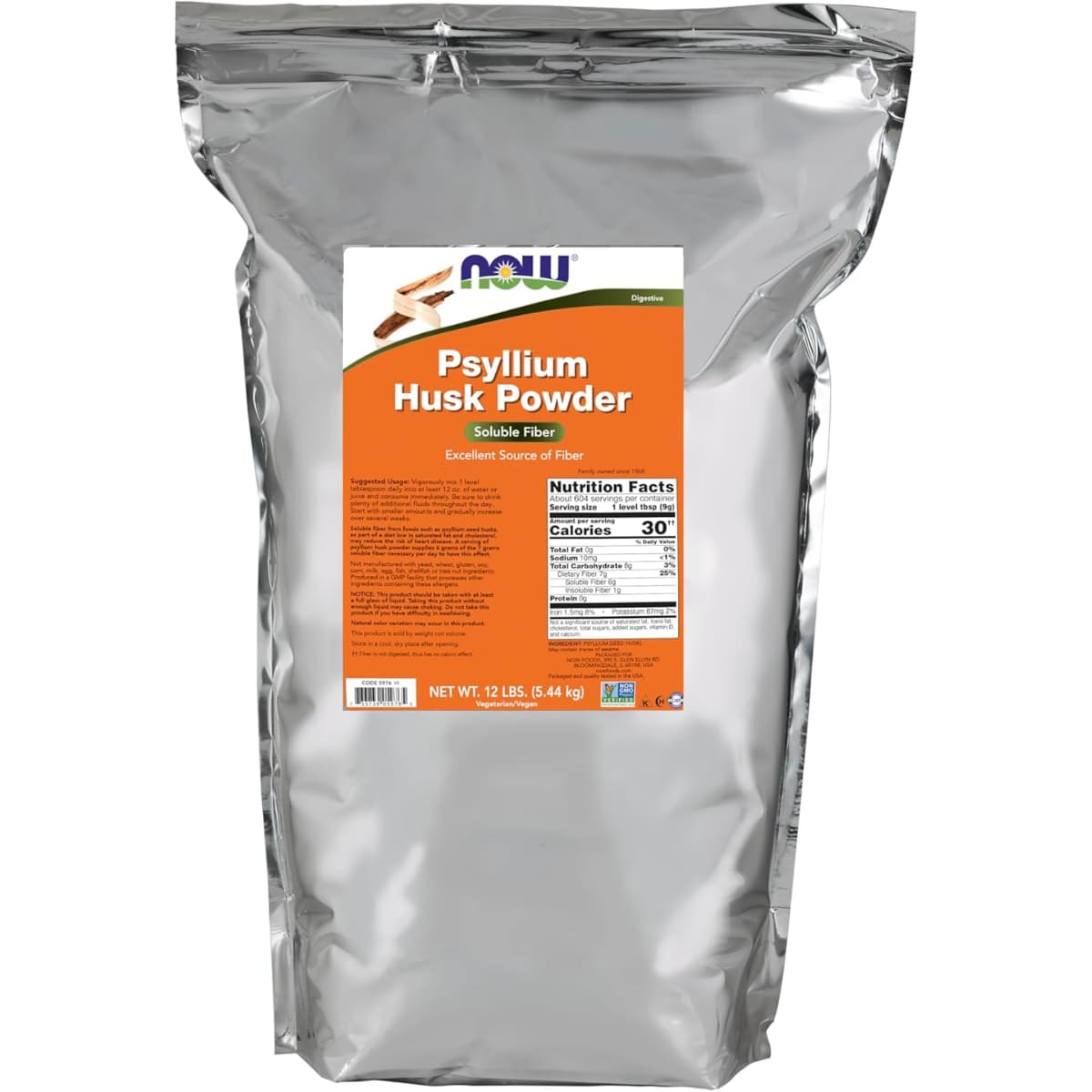 Bolsa industrial de suplemento NOW Foods Cáscara de Psyllium en Polvo 6 g 12 Libras