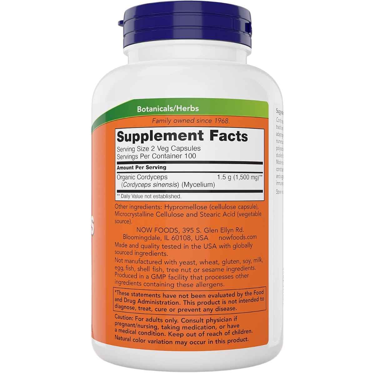 Tabla nutricional del suplemento NOW Foods Cordyceps 750 mg 200 cápsulas