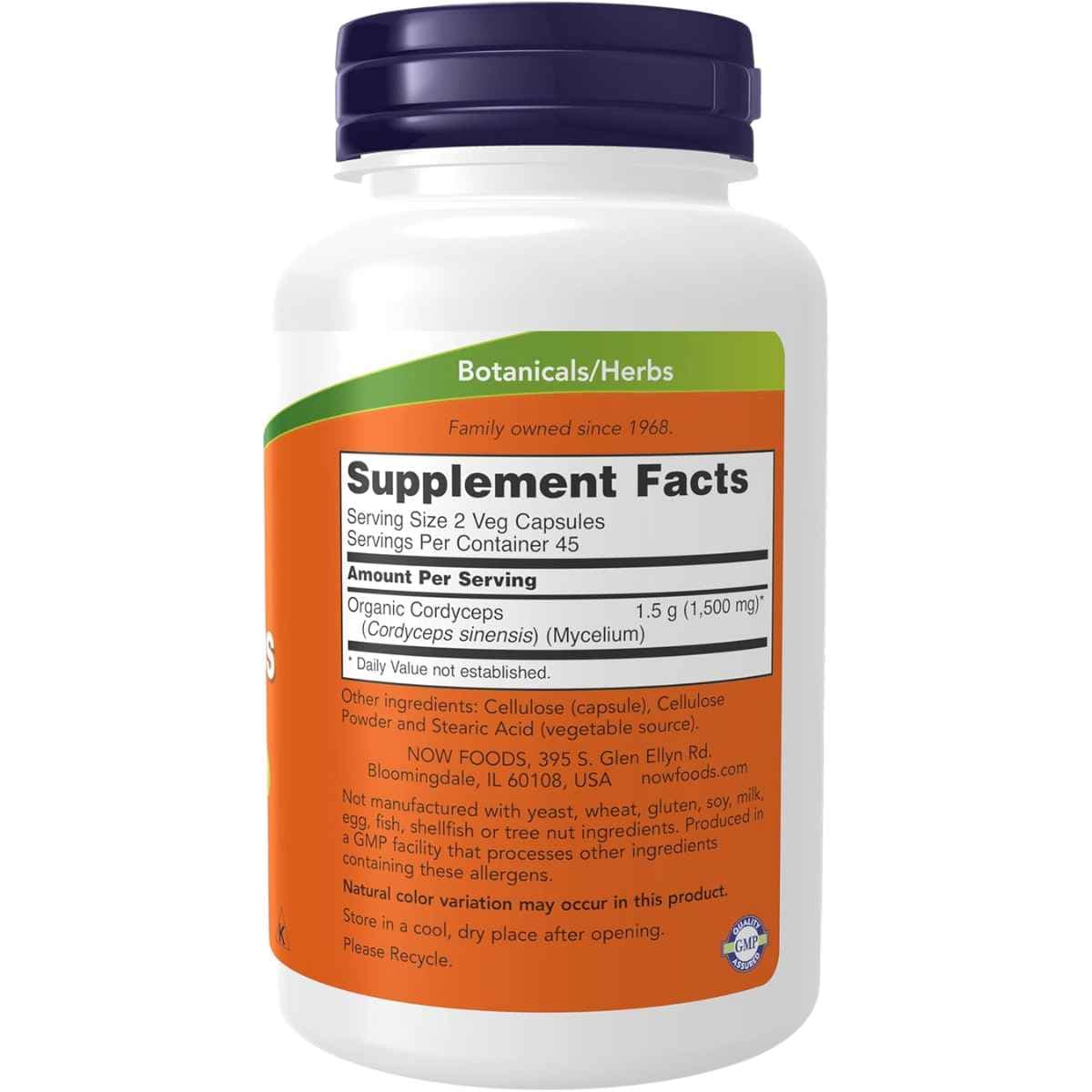 Tabla nutricional del suplemento NOW Foods Cordyceps 750 mg 90 cápsulas