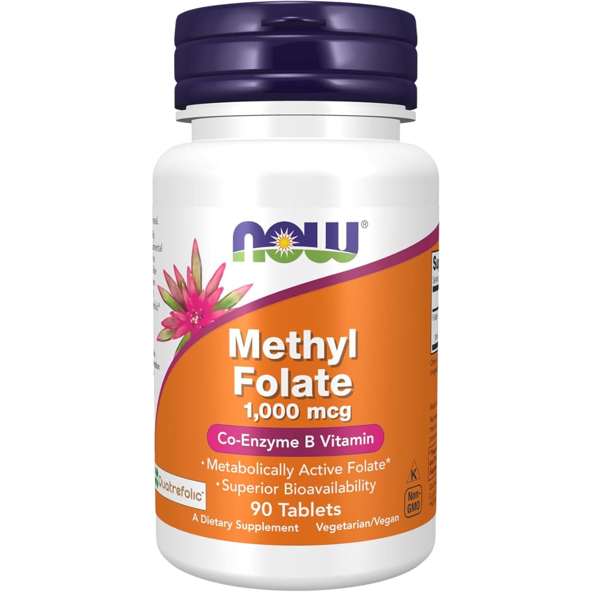 Frasco de suplemento NOW Foods Folato de Metilo 1000 mcg 90 tabletas
