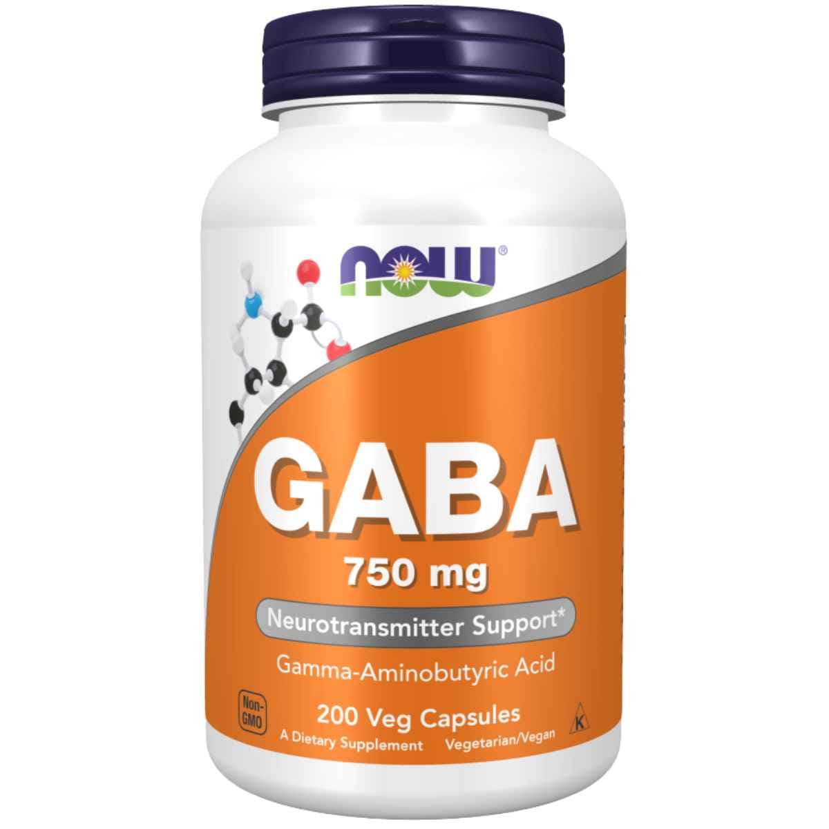 Frasco de suplemento NOW Foods GABA 750 mg 200 Cápsulas Vegetales