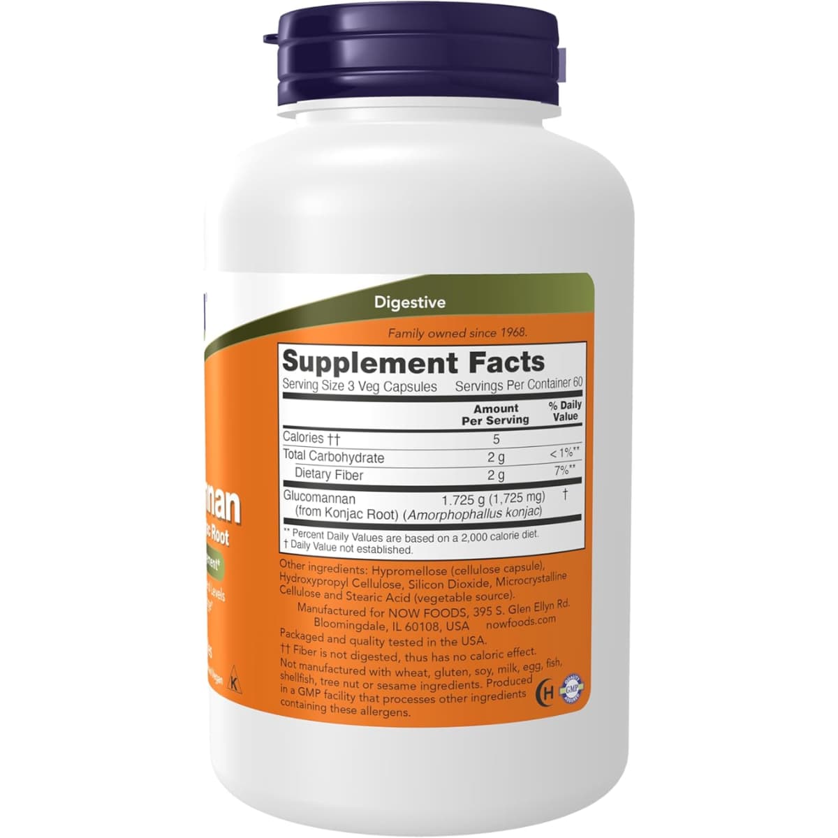 Tabla nutricional del suplemento NOW Foods Glucomanano 575 mg 180 cápsulas