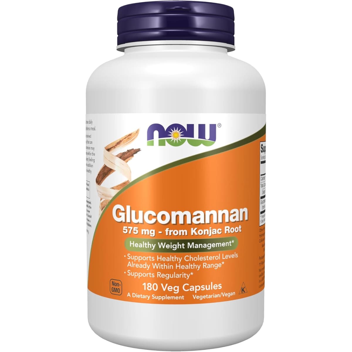 Frasco de suplemento NOW Foods Glucomanano 575 mg 180 cápsulas