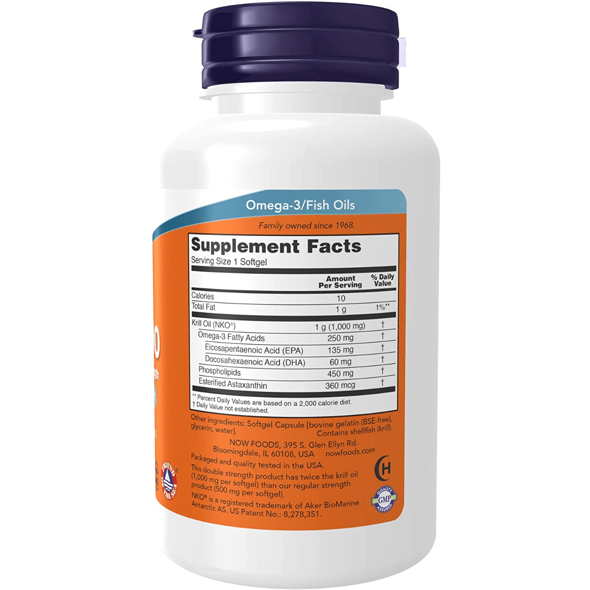 Etiqueta Supplement Facts de Now Foods Krill 1000 en presentación de 60 cápsulas blandas