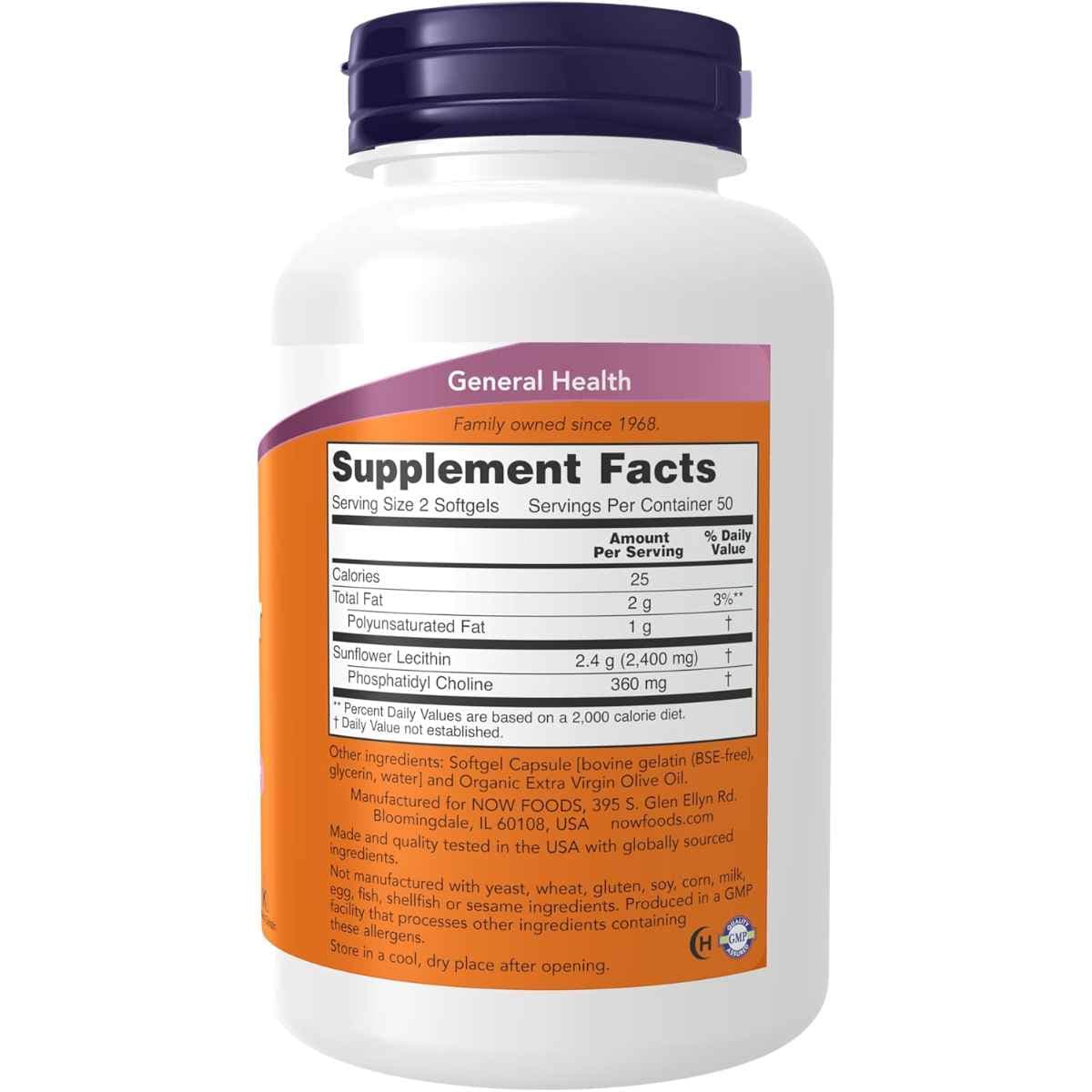 Tabla nutricional del suplemento NOW Foods Lecitina de Girasol 1200 mg 100 cápsulas blandas