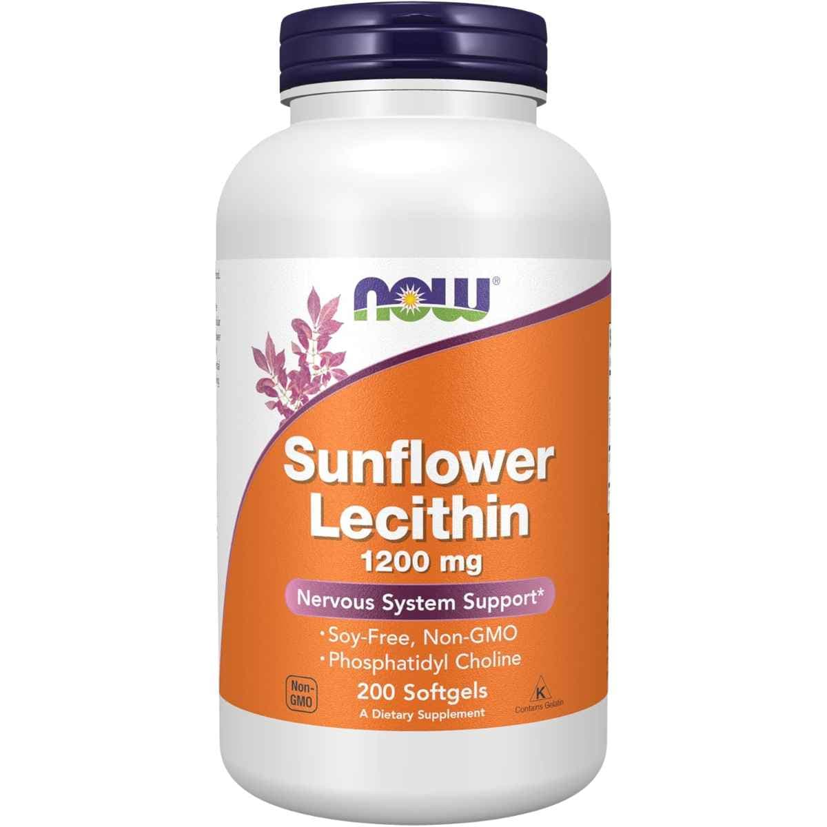 Frasco de suplemento NOW Foods Lecitina de Girasol 1200 mg 200 cápsulas blandas