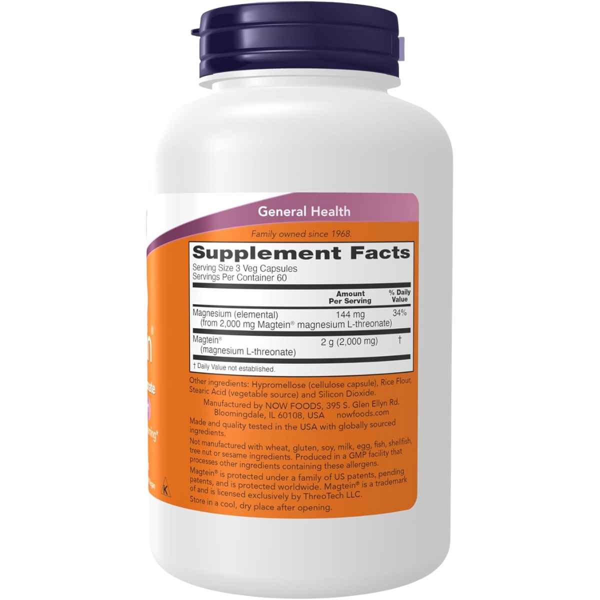 Información del suplemento de Now Foods Magtein L-treonato de magnesio, 180 cápsulas vegetales
