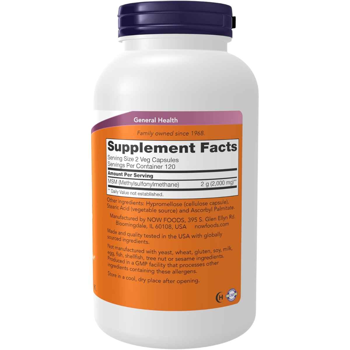 Tabla nutricional del suplemento Now Foods MSM 240 cápsulas vegetales