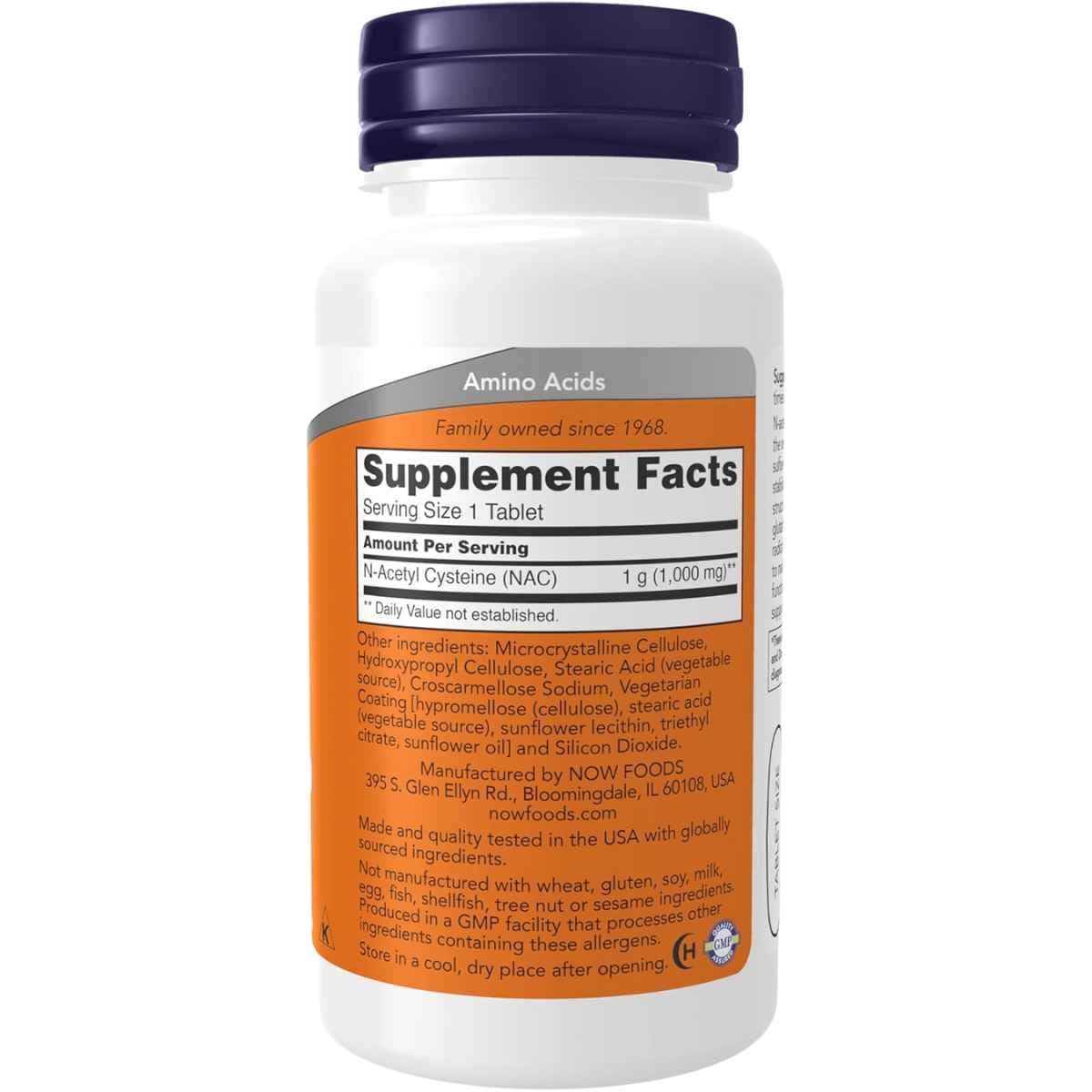 Tabla nutricional del suplemento NOW Foods N-Acetil Cisteína 1000 mg 60 tabletas