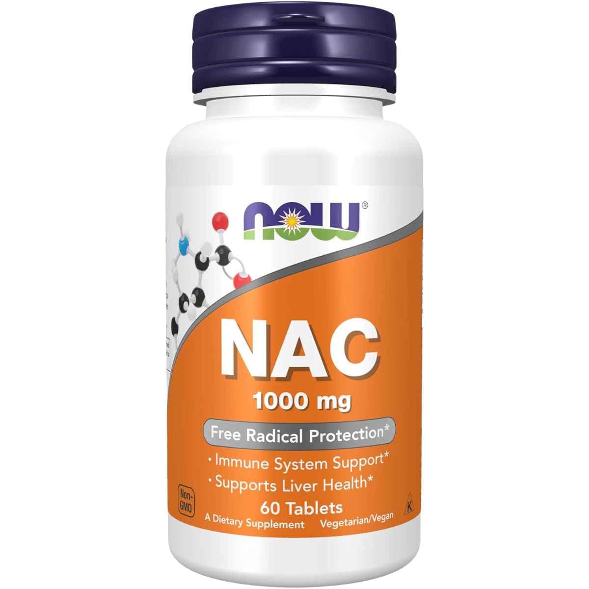 Frasco de suplemento NOW Foods N-Acetil Cisteína 1000 mg 60 tabletas
