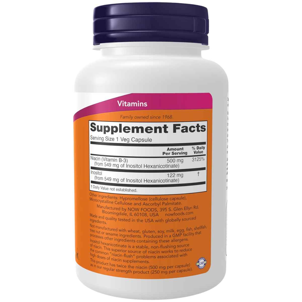 Tabla nutricional del suplemento Now Foods Niacina Flush-Free 90 cápsulas vegetales