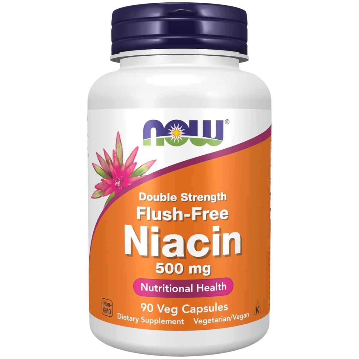 Frasco de suplemento Now Foods Niacina Flush-Free 90 cápsulas vegetales