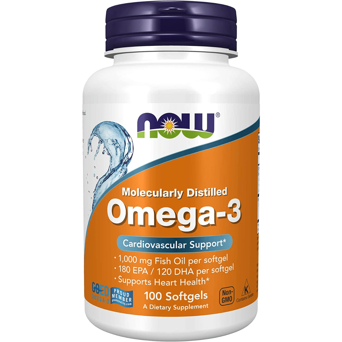 Frasco frontal de Now Foods Omega-3 Fish Oil, presentación de 100 cápsulas blandas