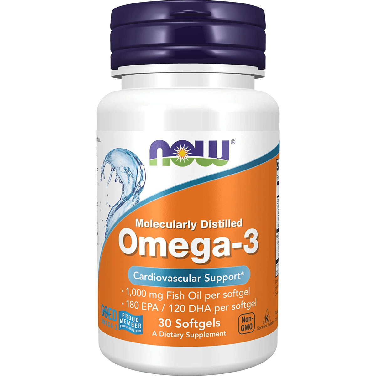 Frasco frontal de Now Foods Omega-3 Fish Oil, presentación de 30 cápsulas blandas