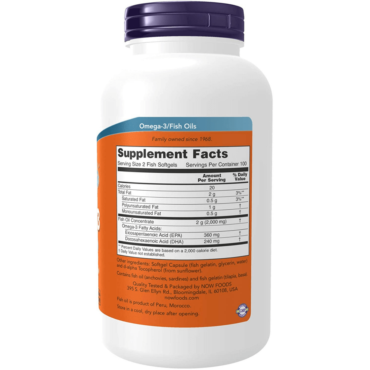 Etiqueta de suplemento de Now Foods Omega-3 Fish Oil, presentación de 200 cápsulas blandas