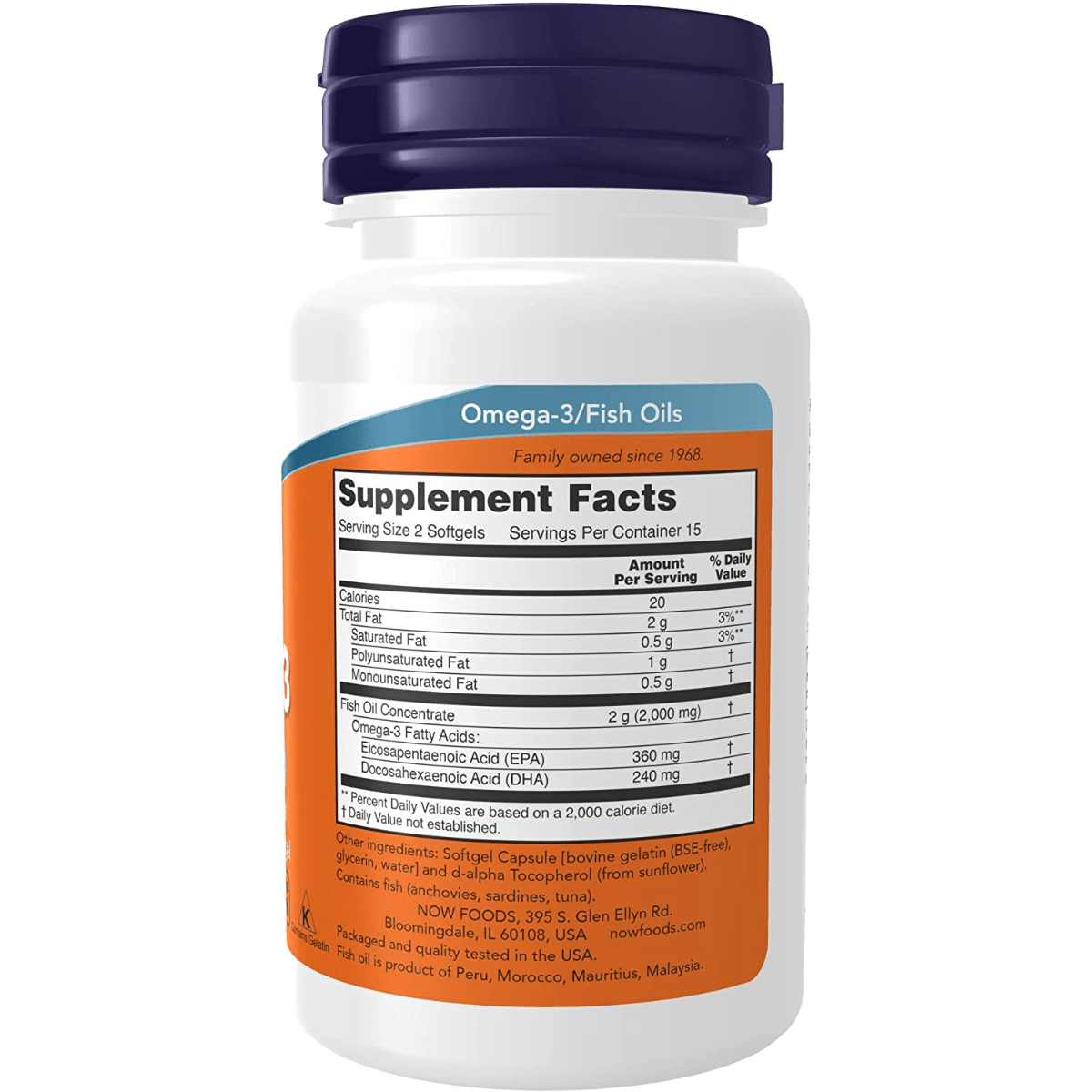 Etiqueta posterior de Now Foods Omega-3 Fish Oil, presentación de 30 cápsulas blandas