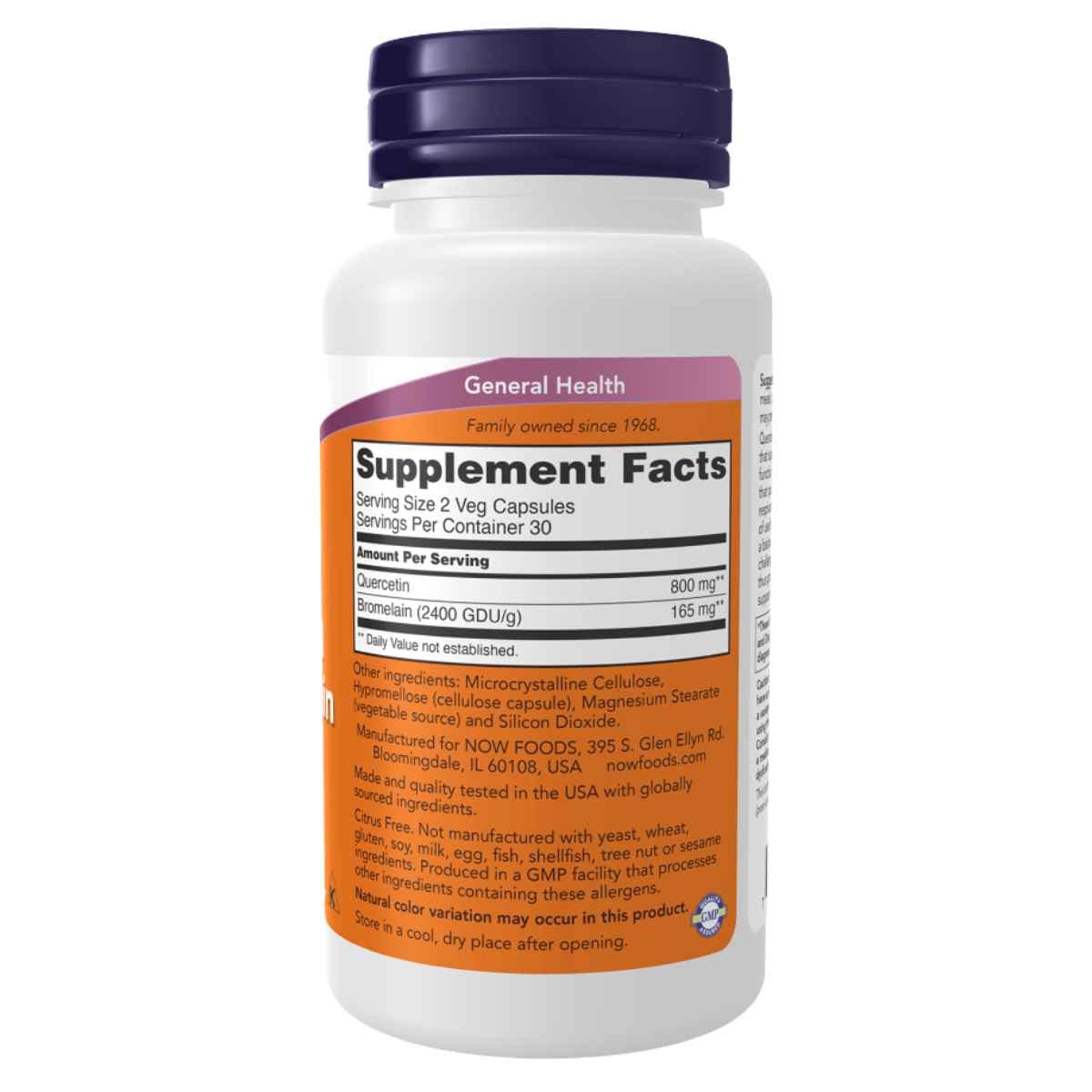 Tabla nutricional de Now Foods Quercetina con Bromelina indicando 800 mg de Quercetina y 165 mg de Bromelina por porción.