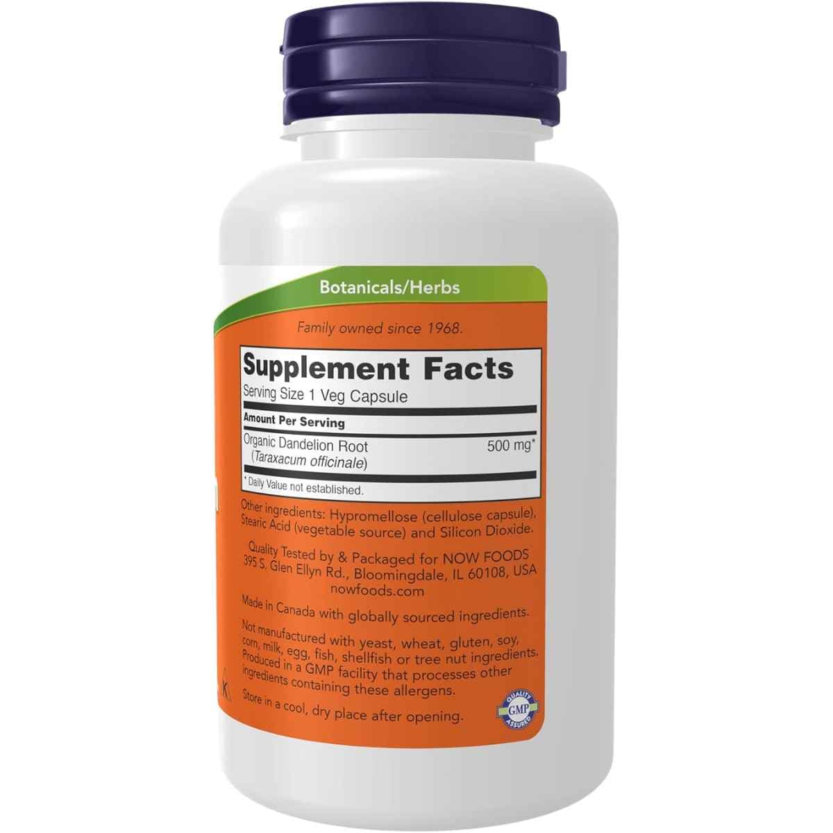 Tabla nutricional del suplemento NOW Foods Raíz de Diente de León 100 cápsulas