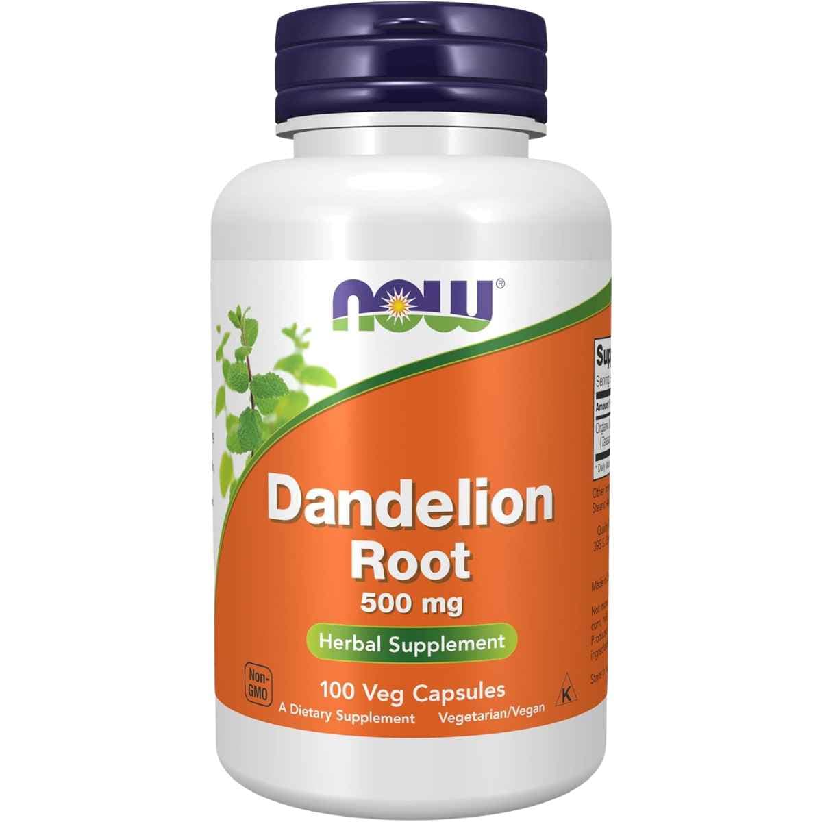 Frasco de suplemento NOW Foods Raíz de Diente de León 100 cápsulas vegetales