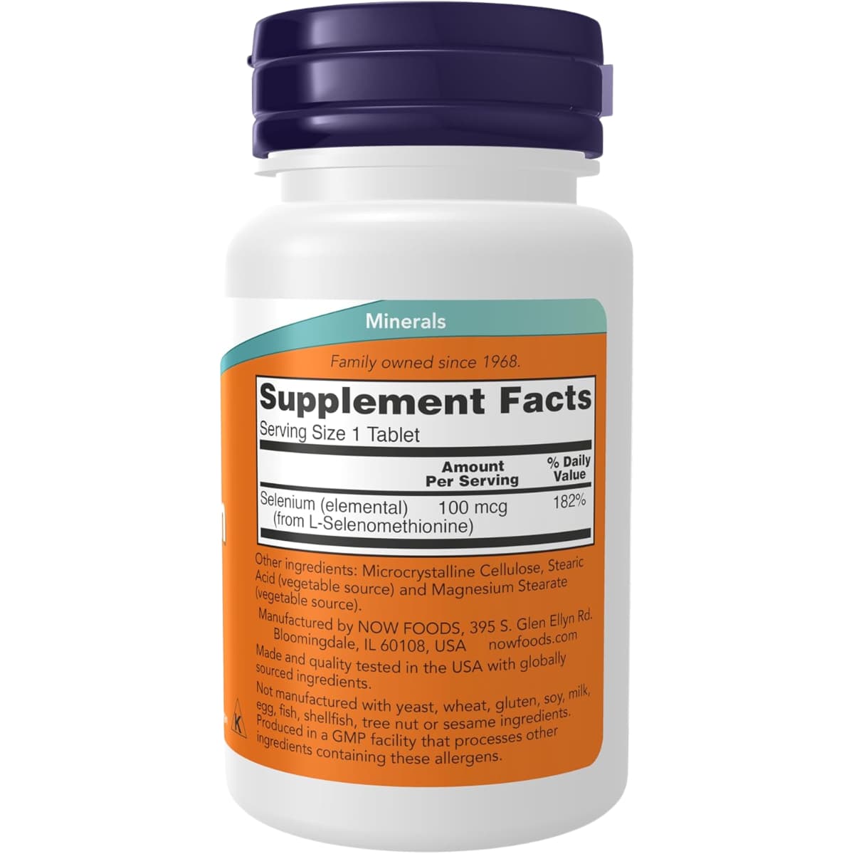 Tabla nutricional del suplemento Now Foods Selenio 100 mcg 100 tabletas